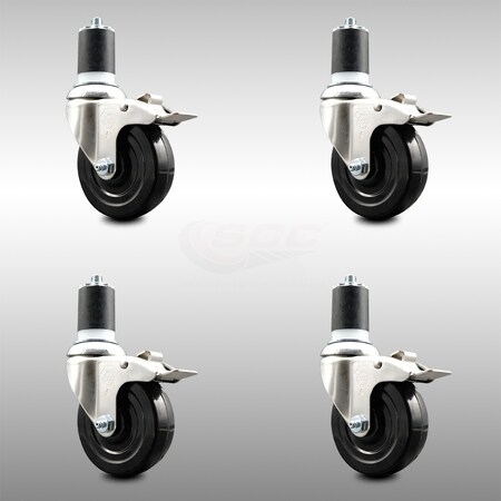 Service Caster 4 Inch 316SS Soft Rubber Swivel 1-3/4 Inch Expanding Stem Caster Set Lock Brake SCC-SS316TTLEX20S414-SRS-134-4